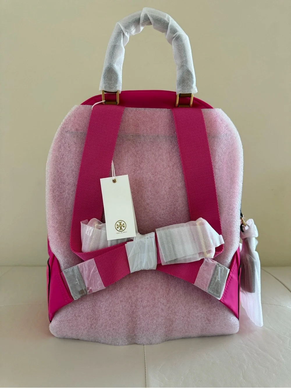 Tory Burch Bright Pink Nylon Backpack with Gold Hardware